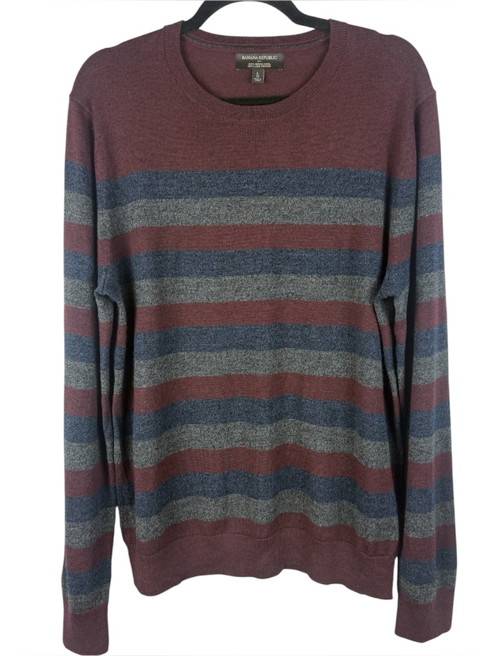 Banana Republic 100% Merino Wool Striped Sweater Burgundy Blue Grey Large